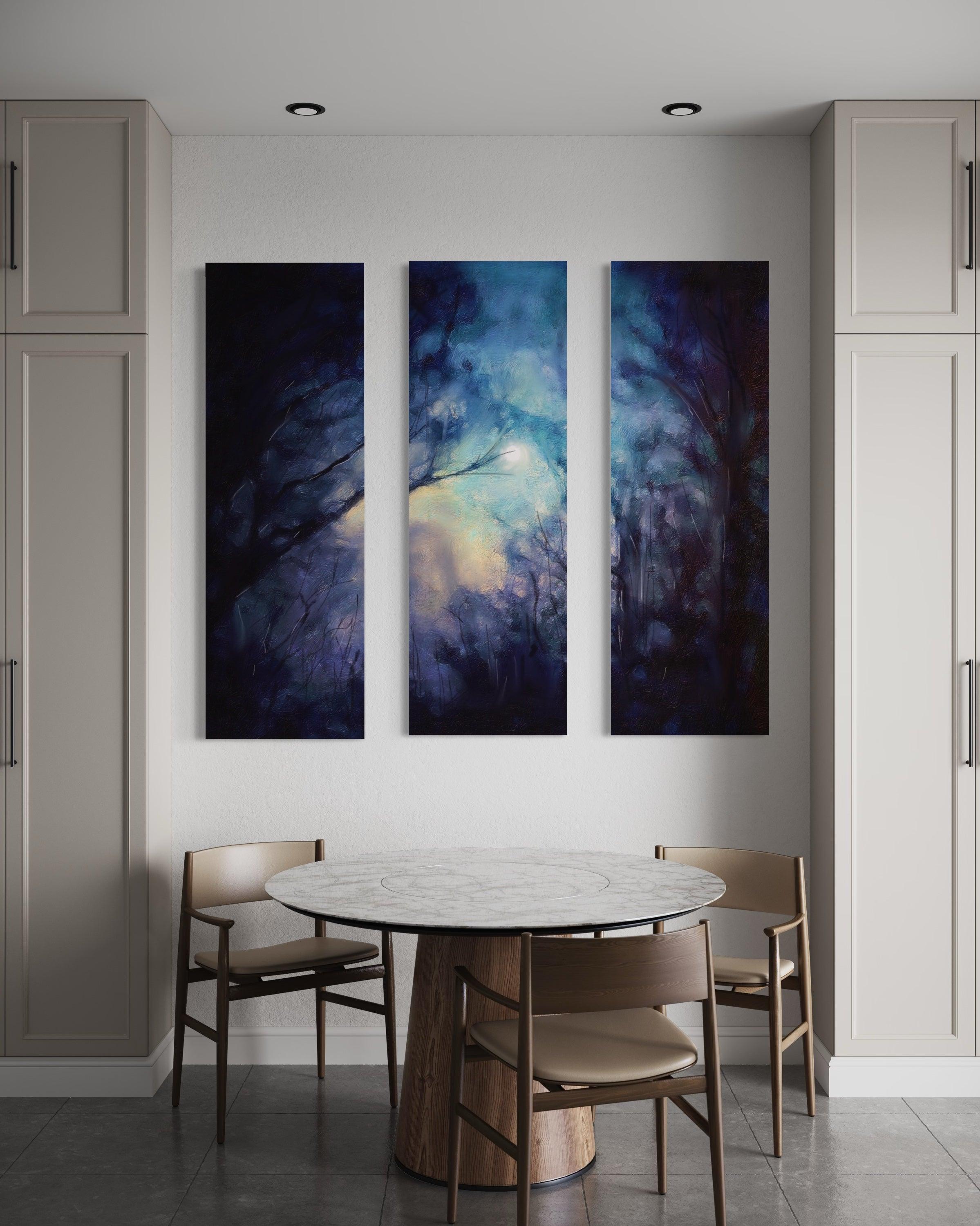A Moonlit Highland Wood Painting Signed Fine Art Triptych Canvas