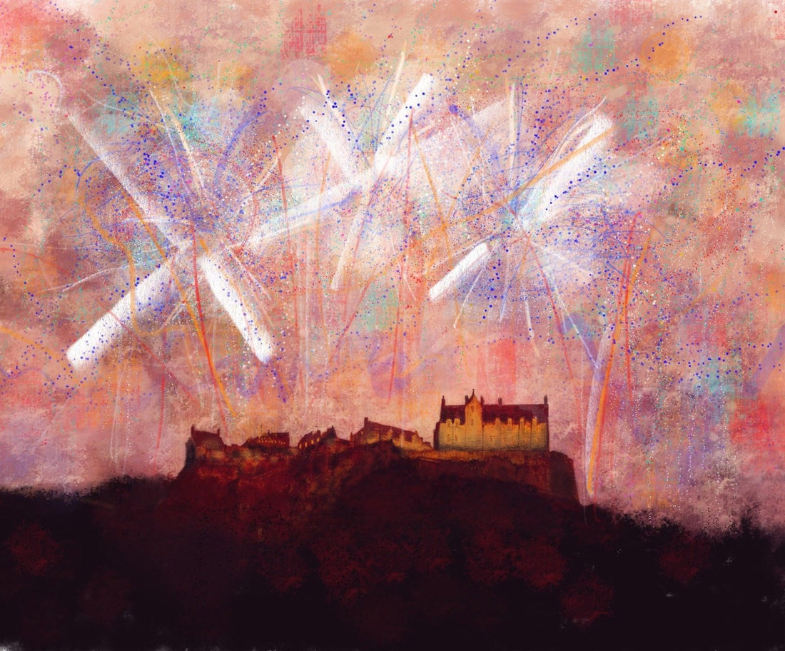 Edinburgh Castle Fireworks Painting Fine Art Prints | An Artwork from Scotland by Scottish Artist Hunter