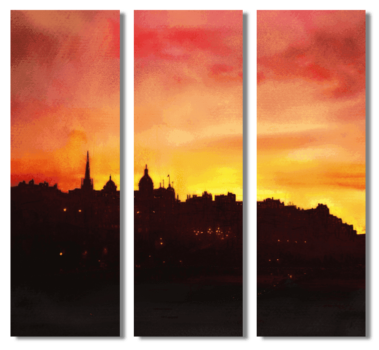 Edinburgh Sunset Painting Signed Fine Art Triptych Canvas