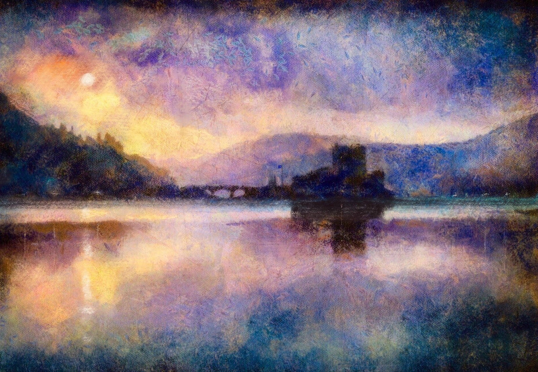 Eilean Donan Castle Moonlight Painting Fine Art Prints | An Artwork from Scotland by Scottish Artist Hunter