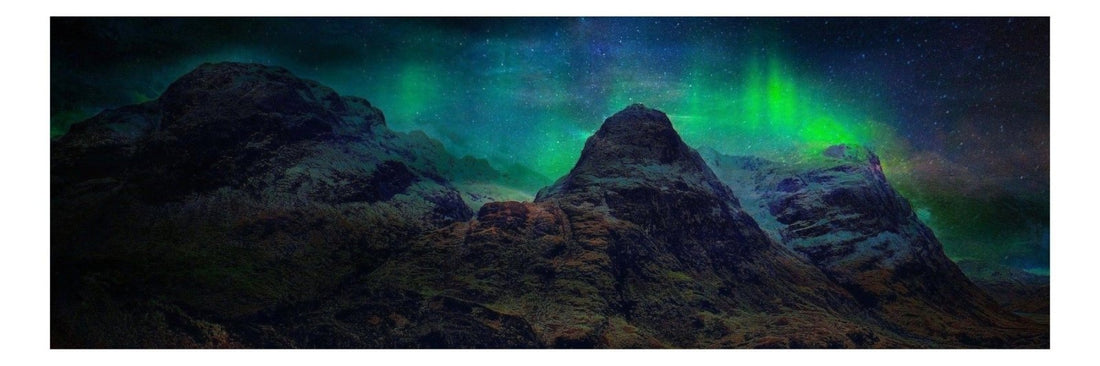 Glencoe Northern Lights Scotland Panoramic Fine Art Prints | An Artwork from Scotland by Scottish Artist Hunter