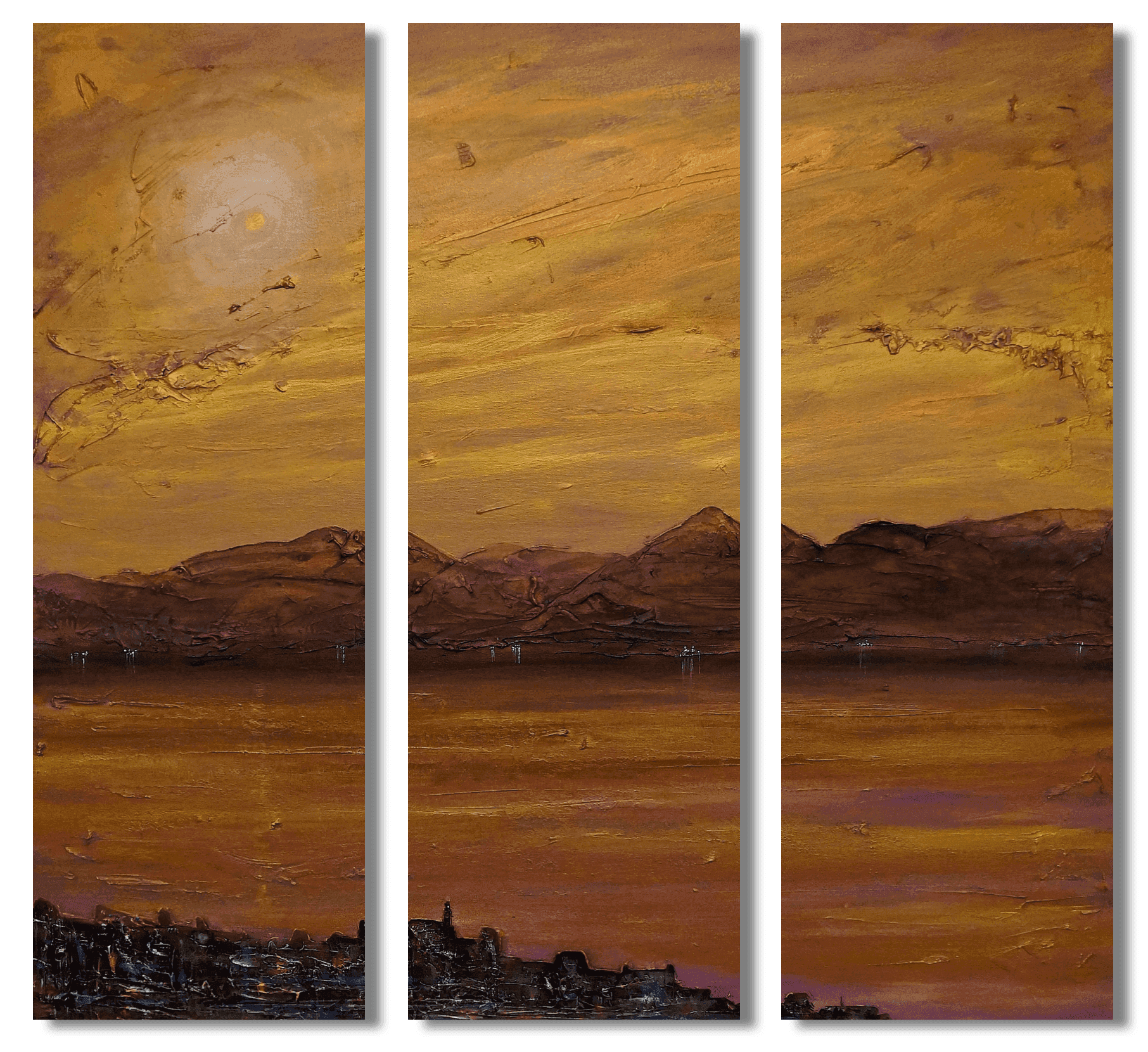 Gourock Autumn Dusk Painting Signed Fine Art Triptych Canvas