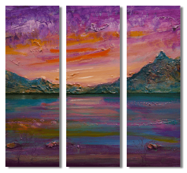 Loch Leven Sunset Glencoe Painting Signed Fine Art Triptych Canvas