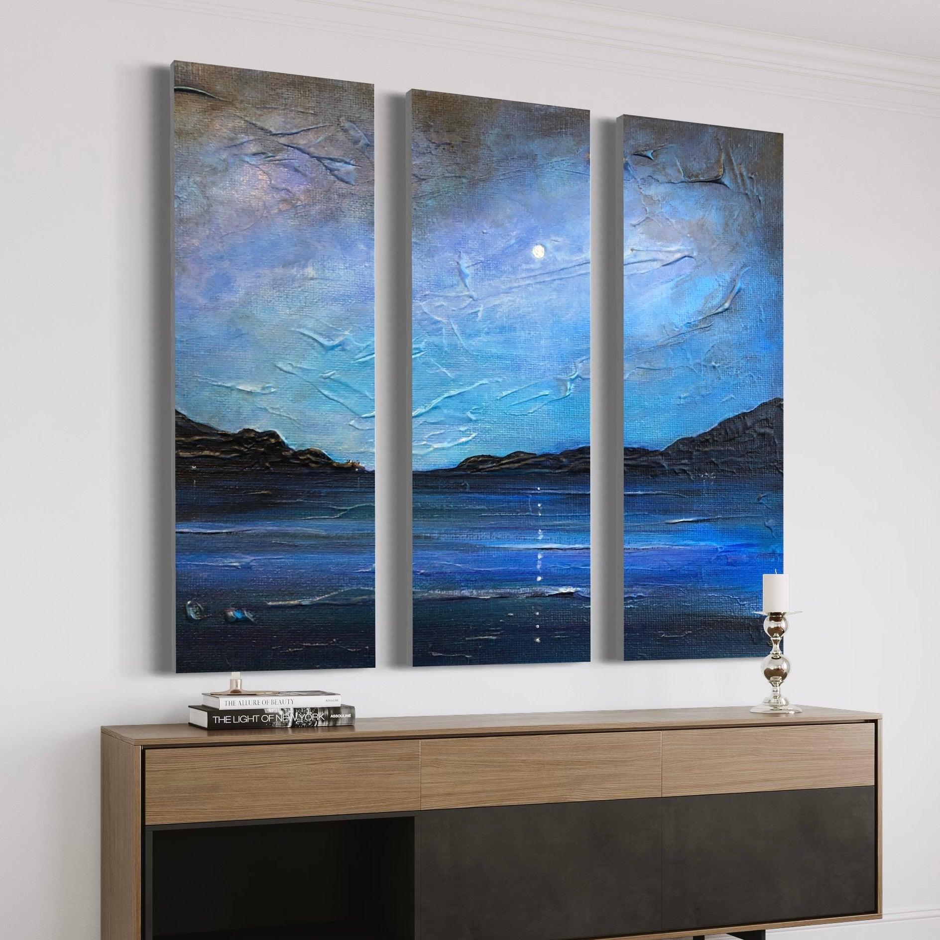 Loch Ness Moonlight Painting Signed Fine Art Triptych Canvas