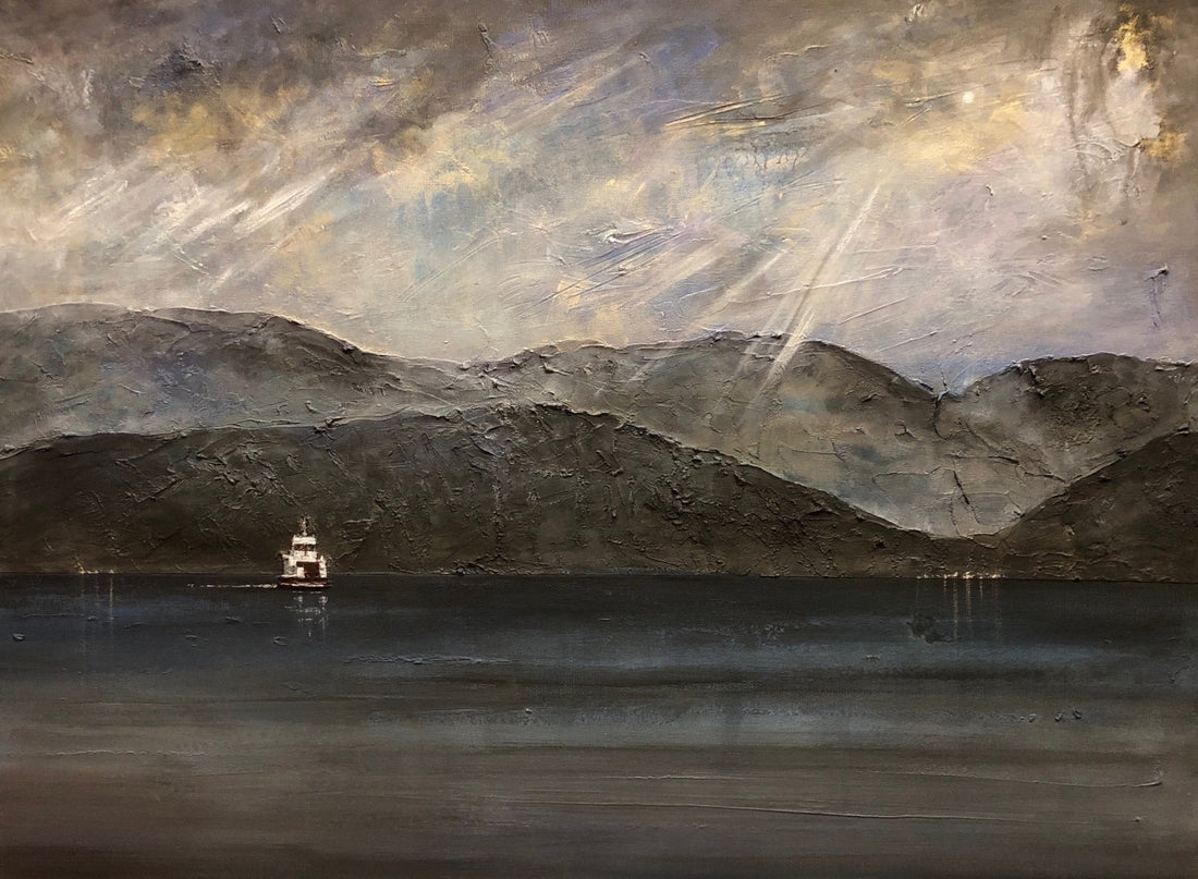 Lochranza Moonlit Ferry Painting Fine Art Prints | An Artwork from Scotland by Scottish Artist Hunter