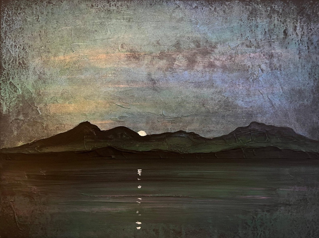 The Sleeping Warrior Arran Moonlight Painting Fine Art Prints | An Artwork from Scotland by Scottish Artist Hunter